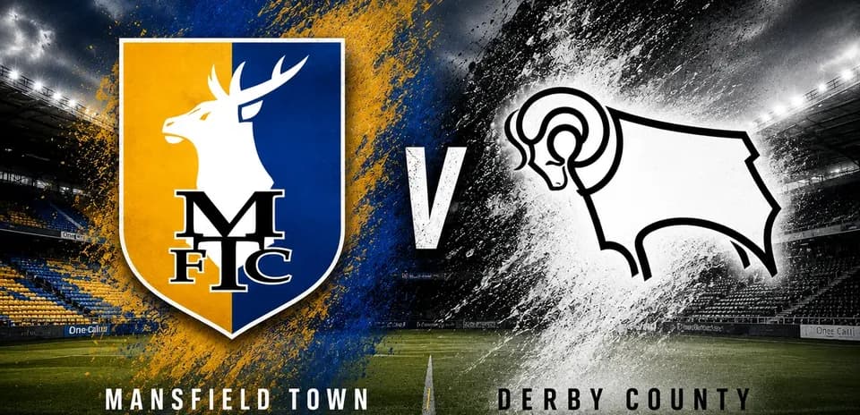 Логотипы Mansfield Town и Derby County на фоне стадиона