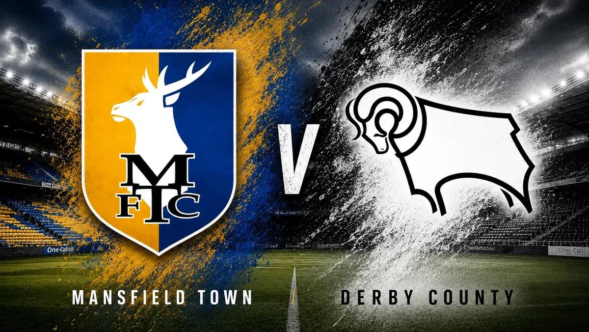Логотипы Mansfield Town и Derby County на фоне стадиона