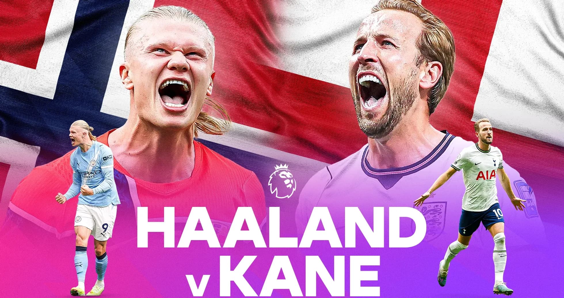 Haaland и Kane на фоне флагов Норвегии и Англии