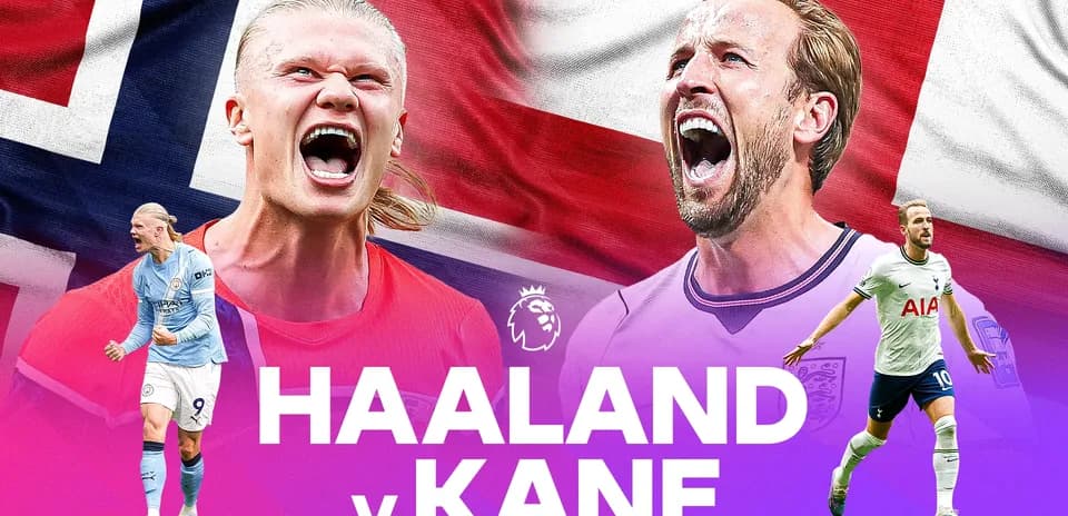 Haaland и Kane на фоне флагов Норвегии и Англии