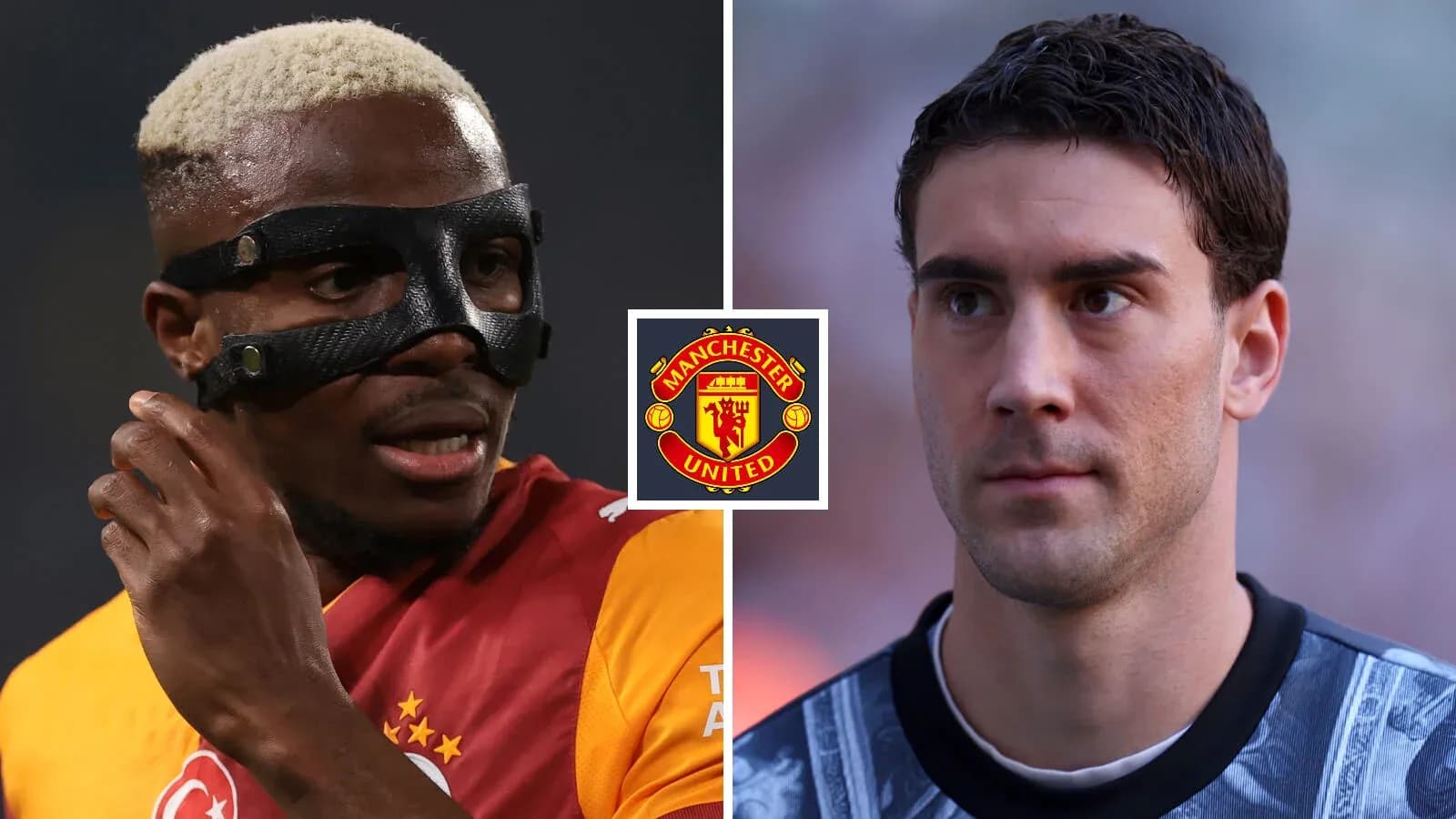 Игроки в масках и эмблема Manchester United