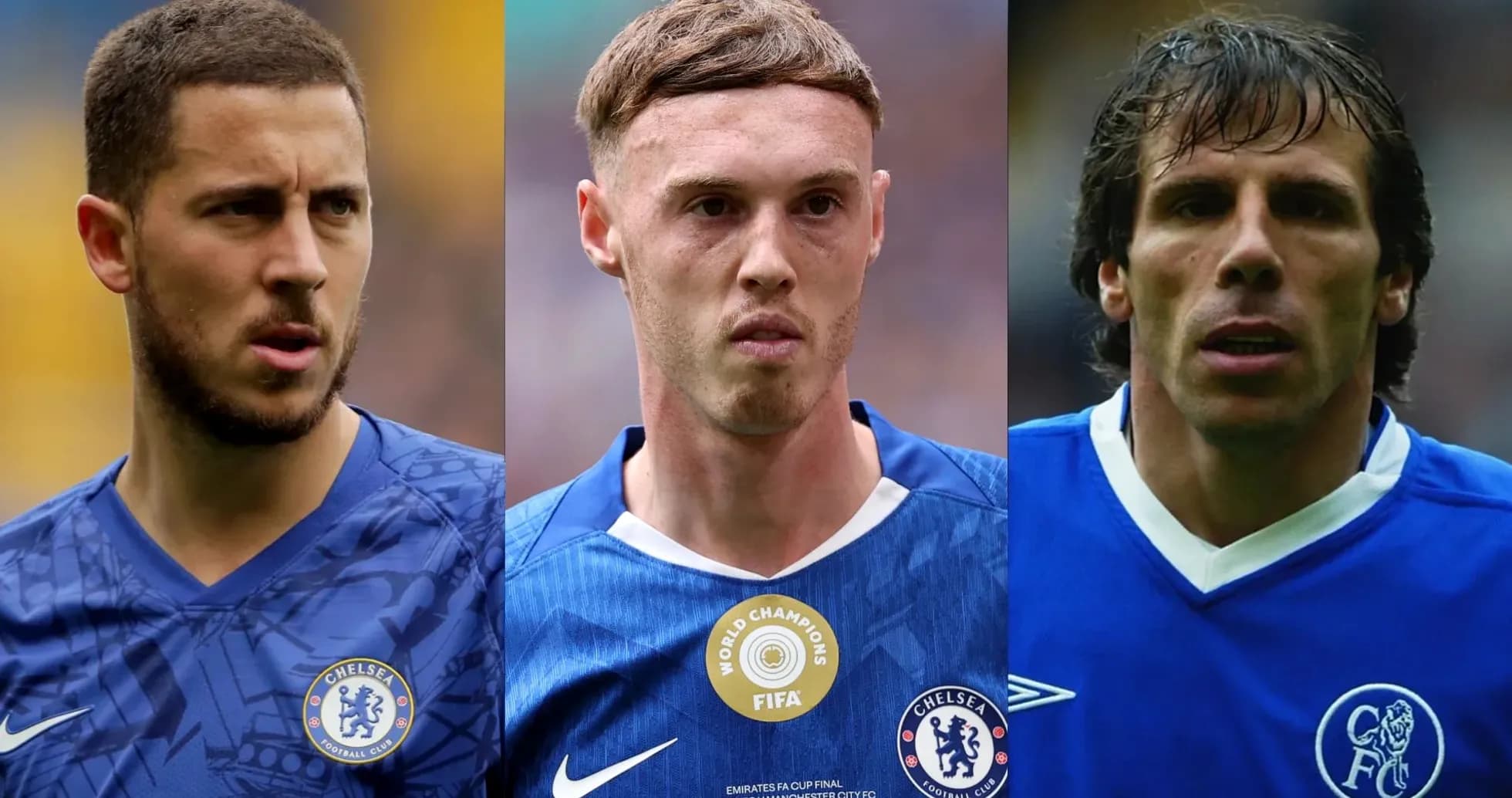 Три игрока Chelsea в синих футболках на фоне