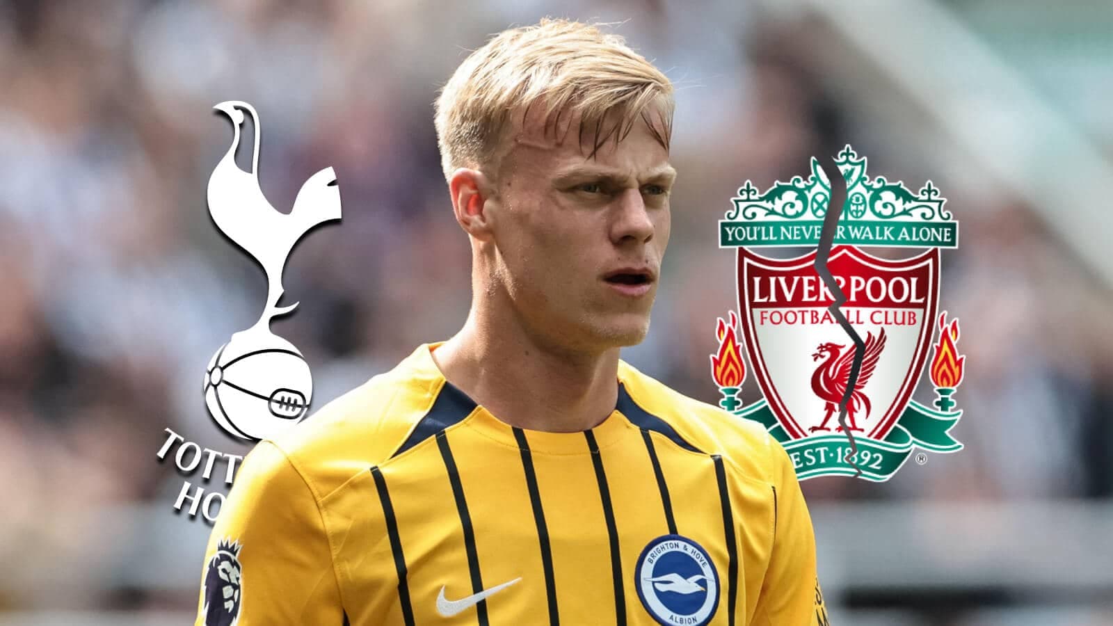 Игрок в желтой форме Brighton на фоне логотипов клубов