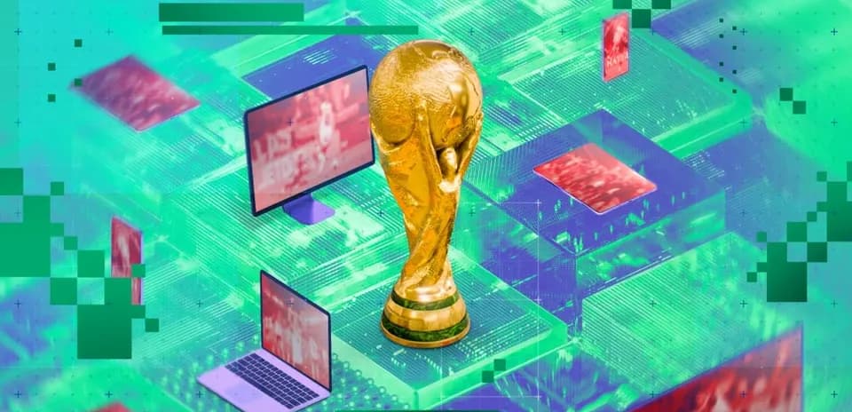 Золотой трофей Кубка мира на фоне экранов